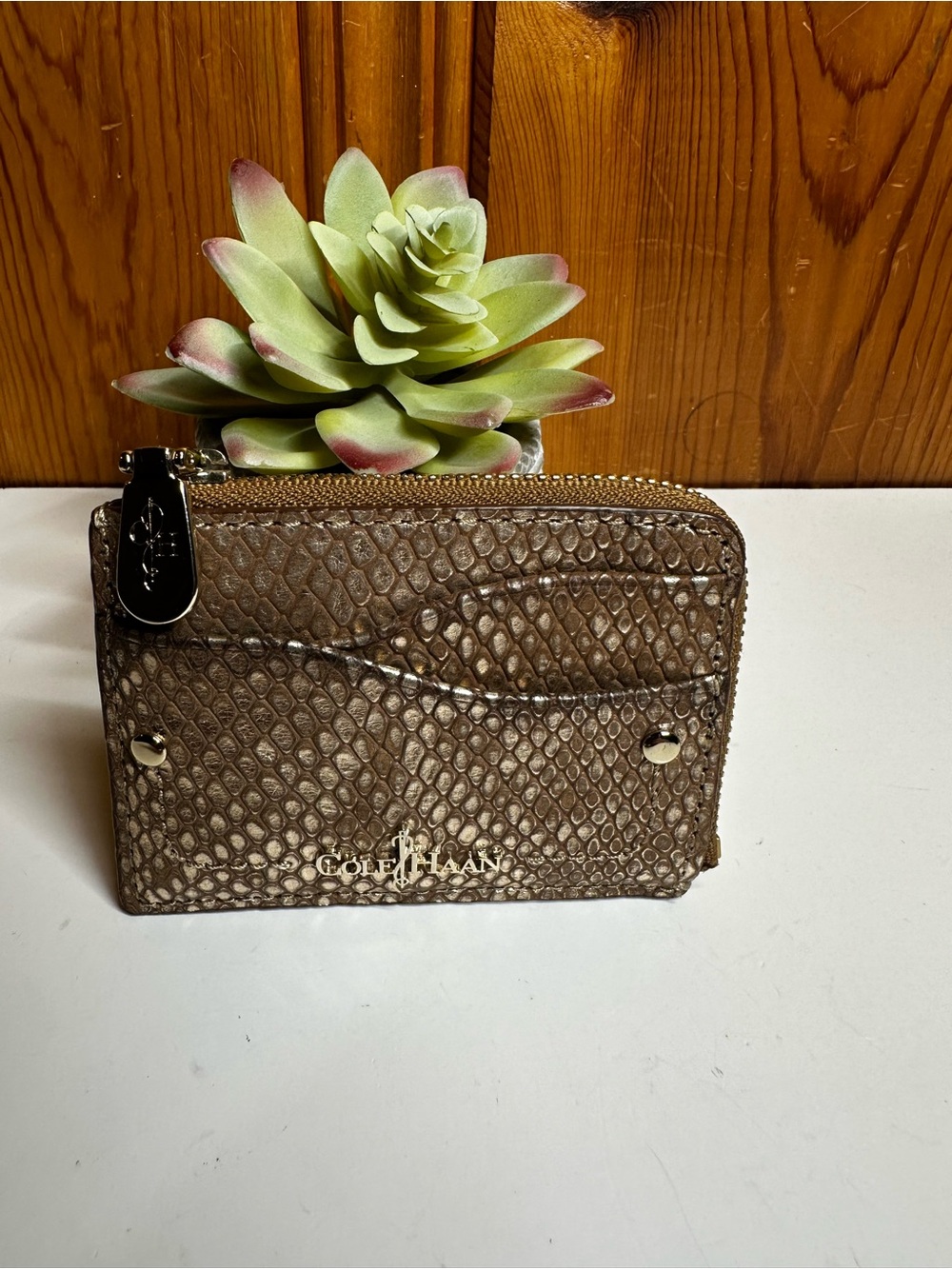 Cole Haan Taupe Snake-Embossed Zip Card Wallet